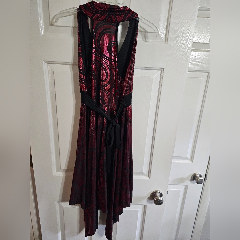 Dulce Carola Womens Large Dress Metallic Red Black Swirl Halter Iconic Goth Rave - Picture 4 of 8